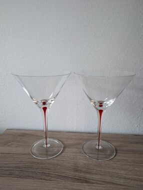 Handblown Vintage Pier 1 Red Teardrop Stem Martini Glasses - Set of 2